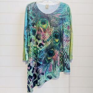 Jess & Jane Elvis Peacock Feathers Knit Pullover Top Women's 1X Asymmetrical Hem